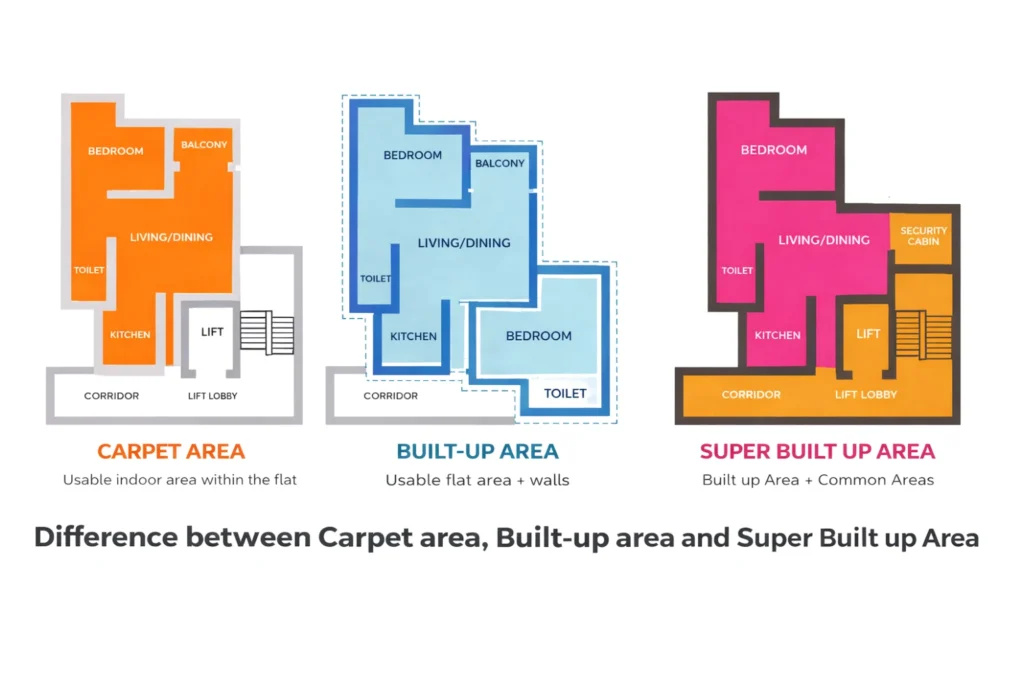 difference between Carpet Area vs Built Up Area & Super built up Area